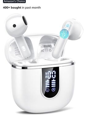 Touch-Control Wireless Earbud Headphones with LED Battery Display - White